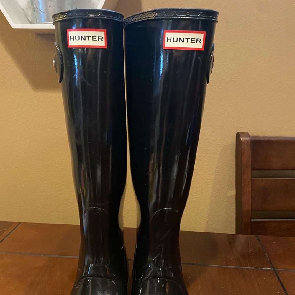 Tall patent leather hunter boots